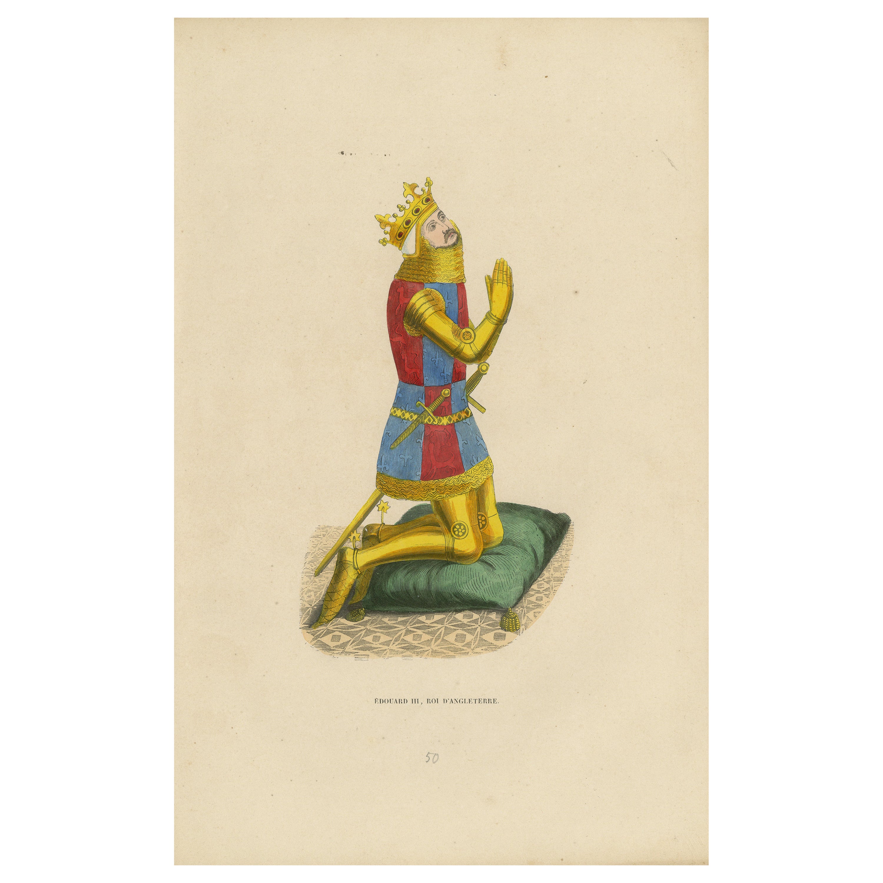 Devotion of a Monarch: Edward III in Prayerful Pose, A Lithograph of 1847 For Sale