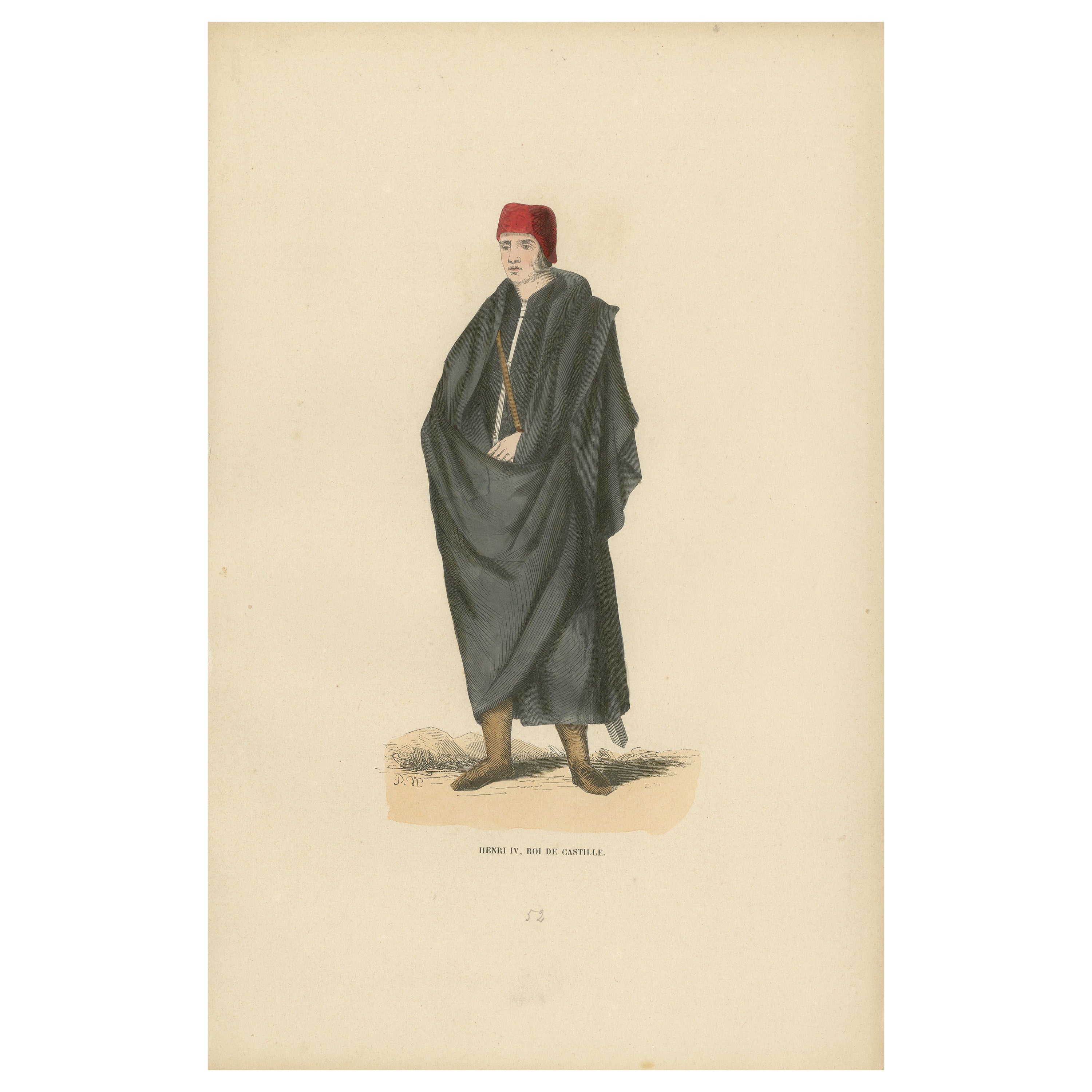Henry II of Castile: A Monarch's Contemplation, Hand-Colored Lithograph, 1847 For Sale