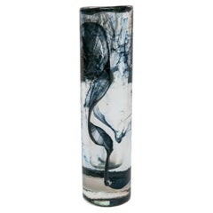 Große und massive italienische Vintage-Vase aus klarem Murano-Glas mit tintenartigem Dekor