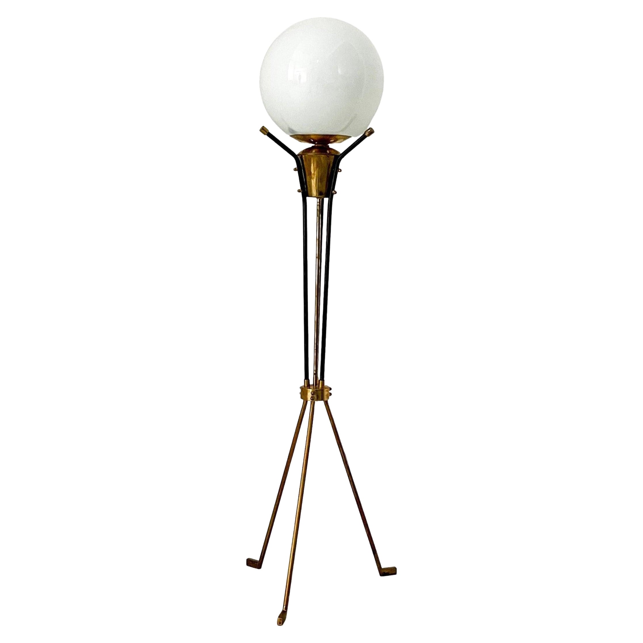 Vintage Italian Brass Floor Lamp in the style of Stilnovo, three legs, opaline For Sale