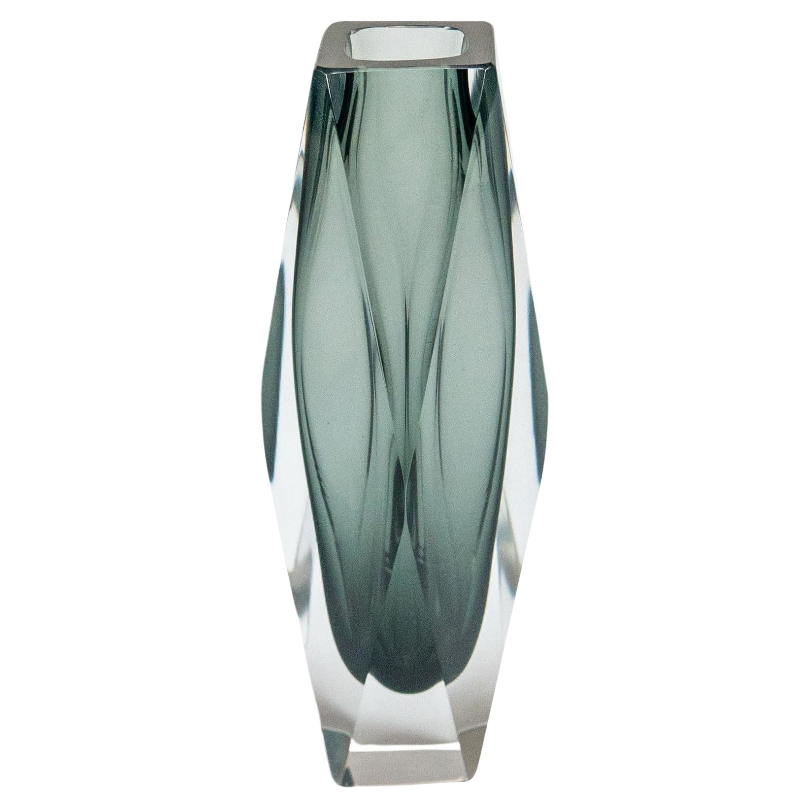 Vintage Geometric Vase in Grey "Sommerso" Murano Glass, Flavio Poli Style