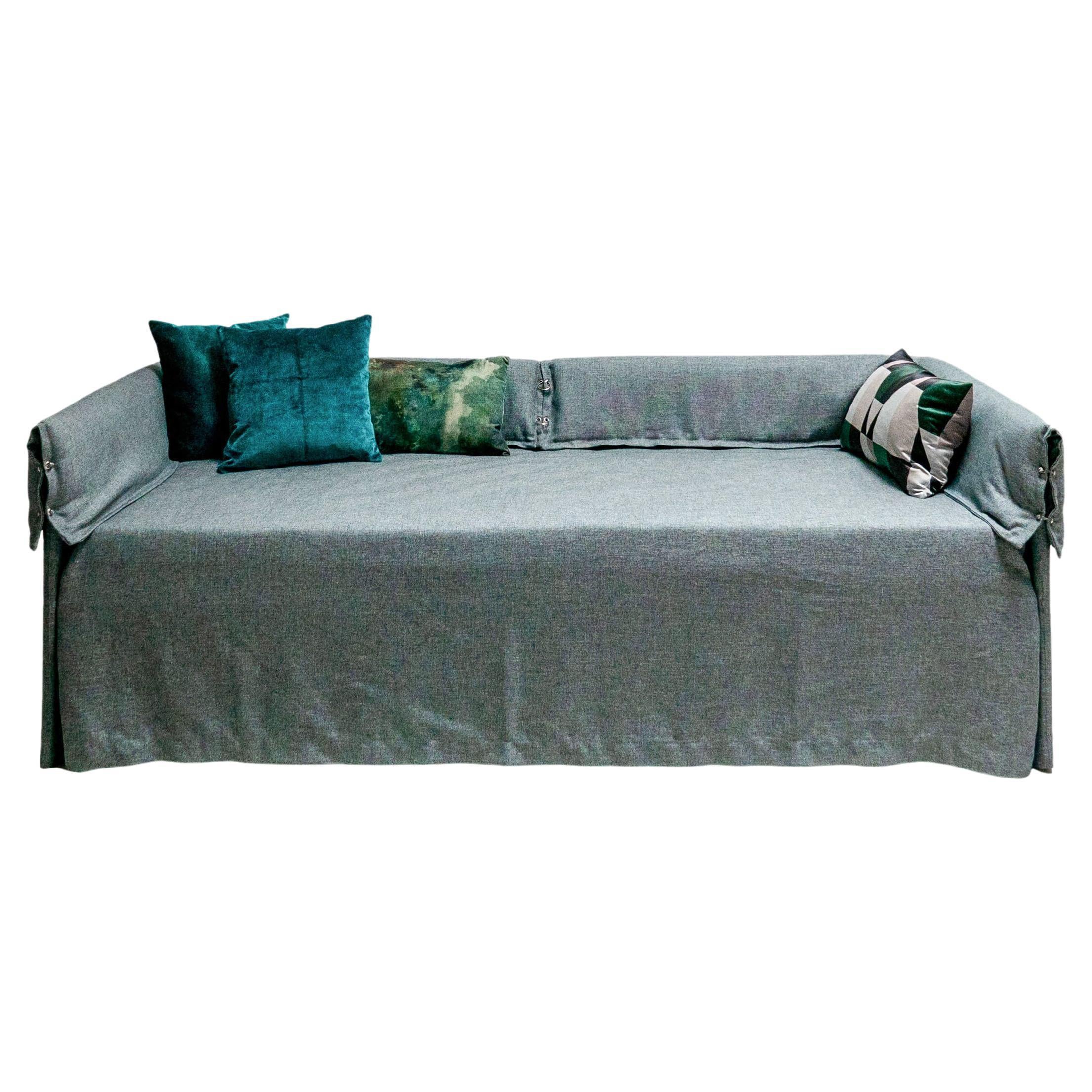 Contemporary Italian Sofa Bed by Spinzi, Green Fabric Upholstery, Bolts Details For Sale