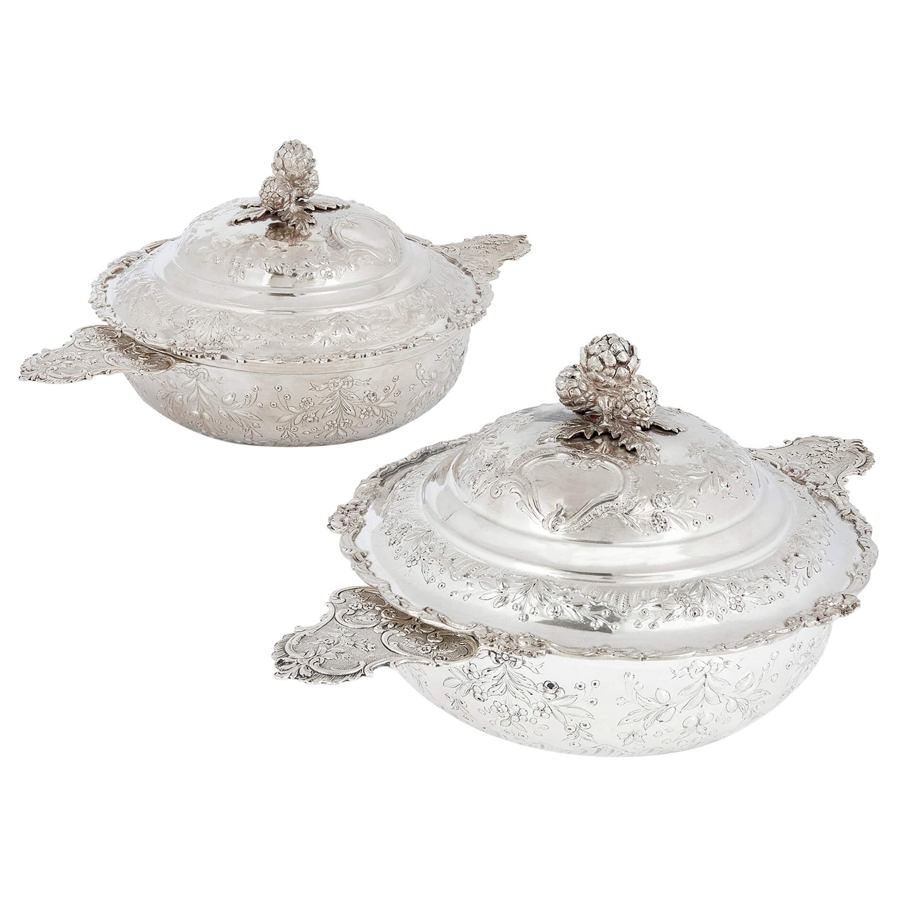 Pair of 19th Century French Silver Écuelle by Delaire  For Sale