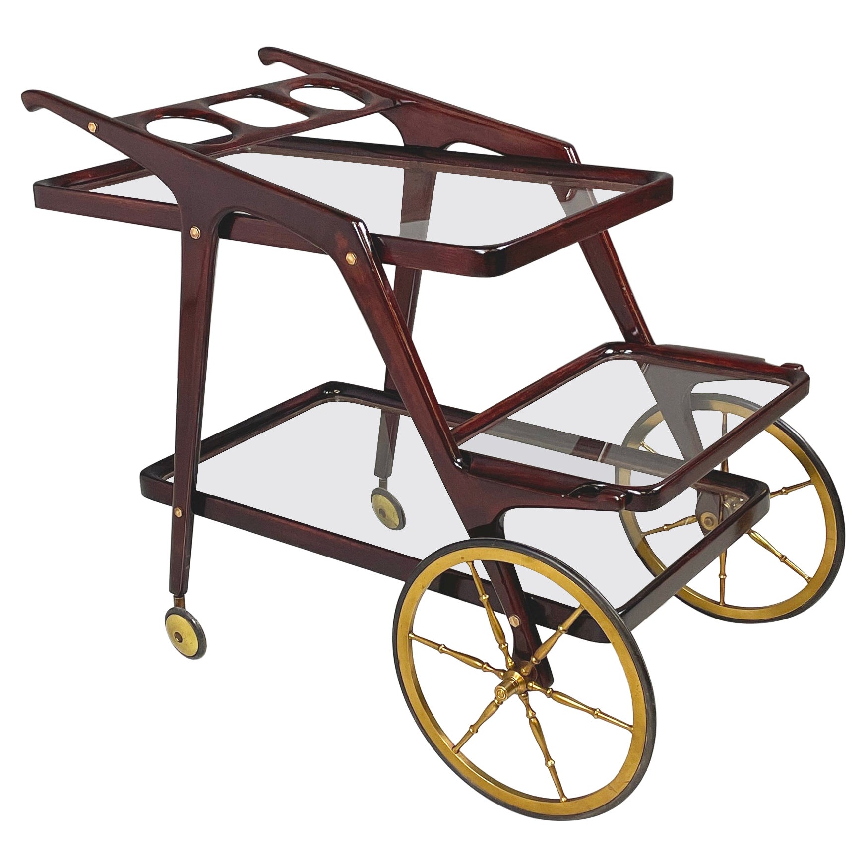 Italian mid-century modern Wooden and glass cart with tray by Cesare Lacca 1950s For Sale