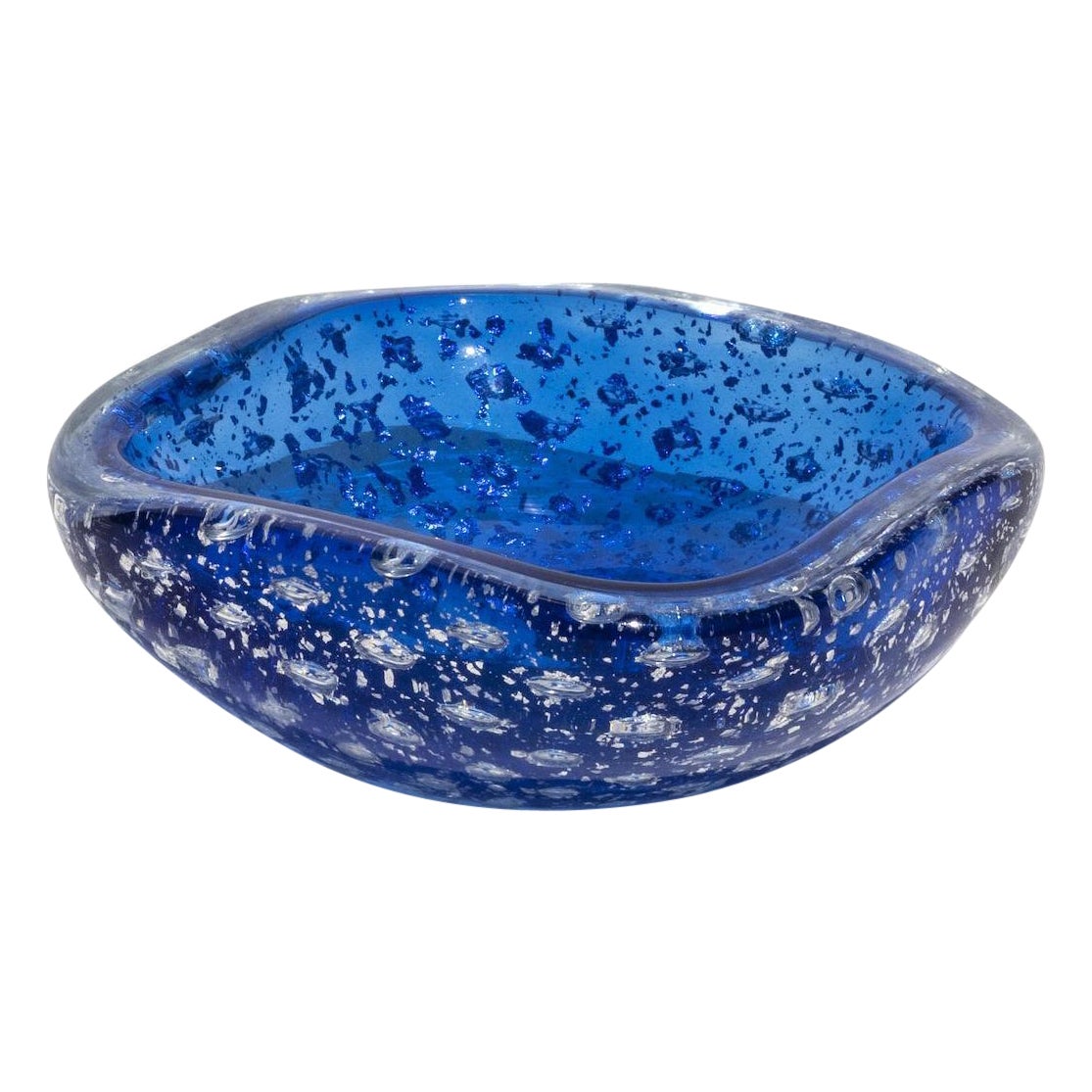 Vintage Italian Bowl from the 60s in Blue Murano Glass with Silver Metal Flakes