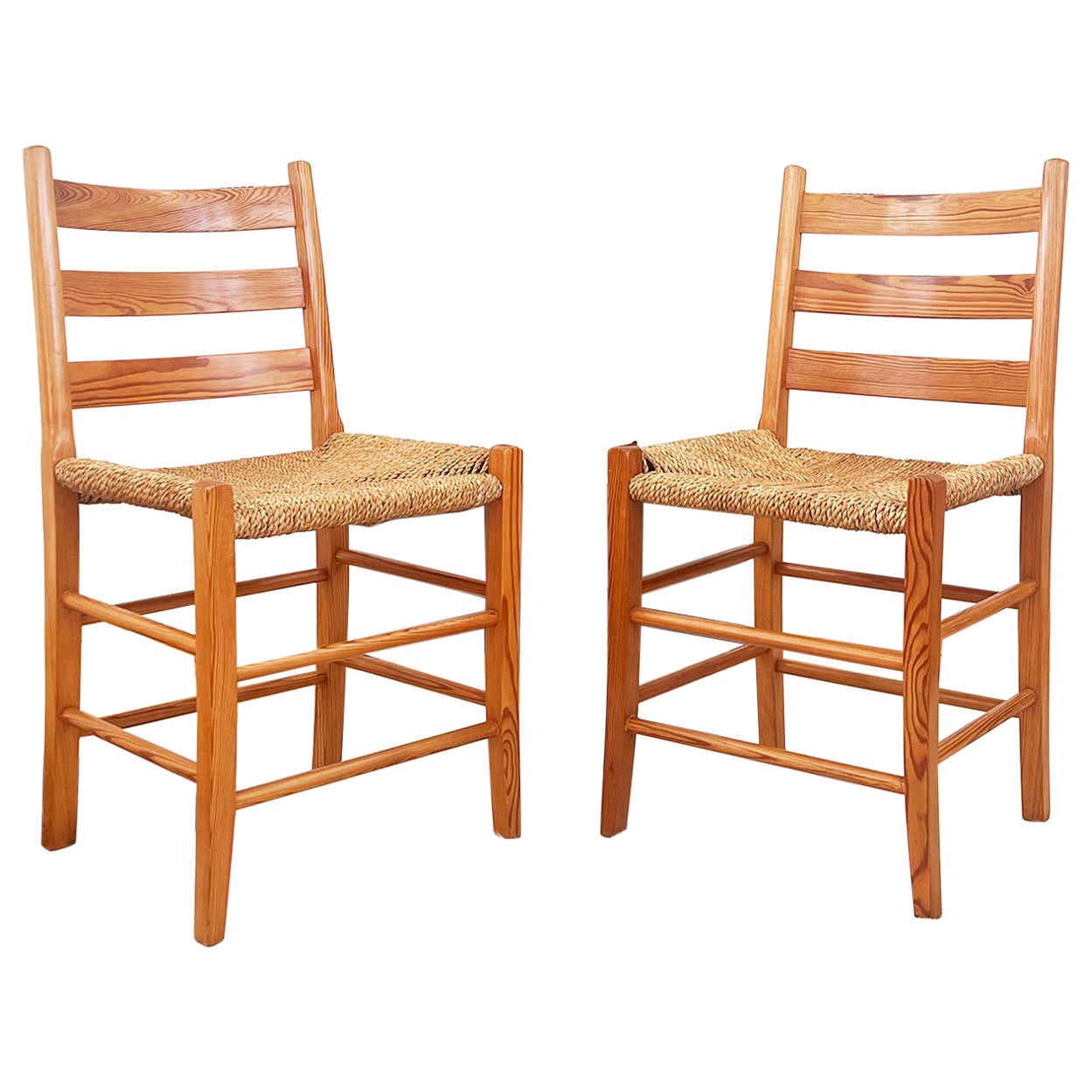 Swedish 1970s Pine Ladder back Chairs with Rope woven seats -- Pair