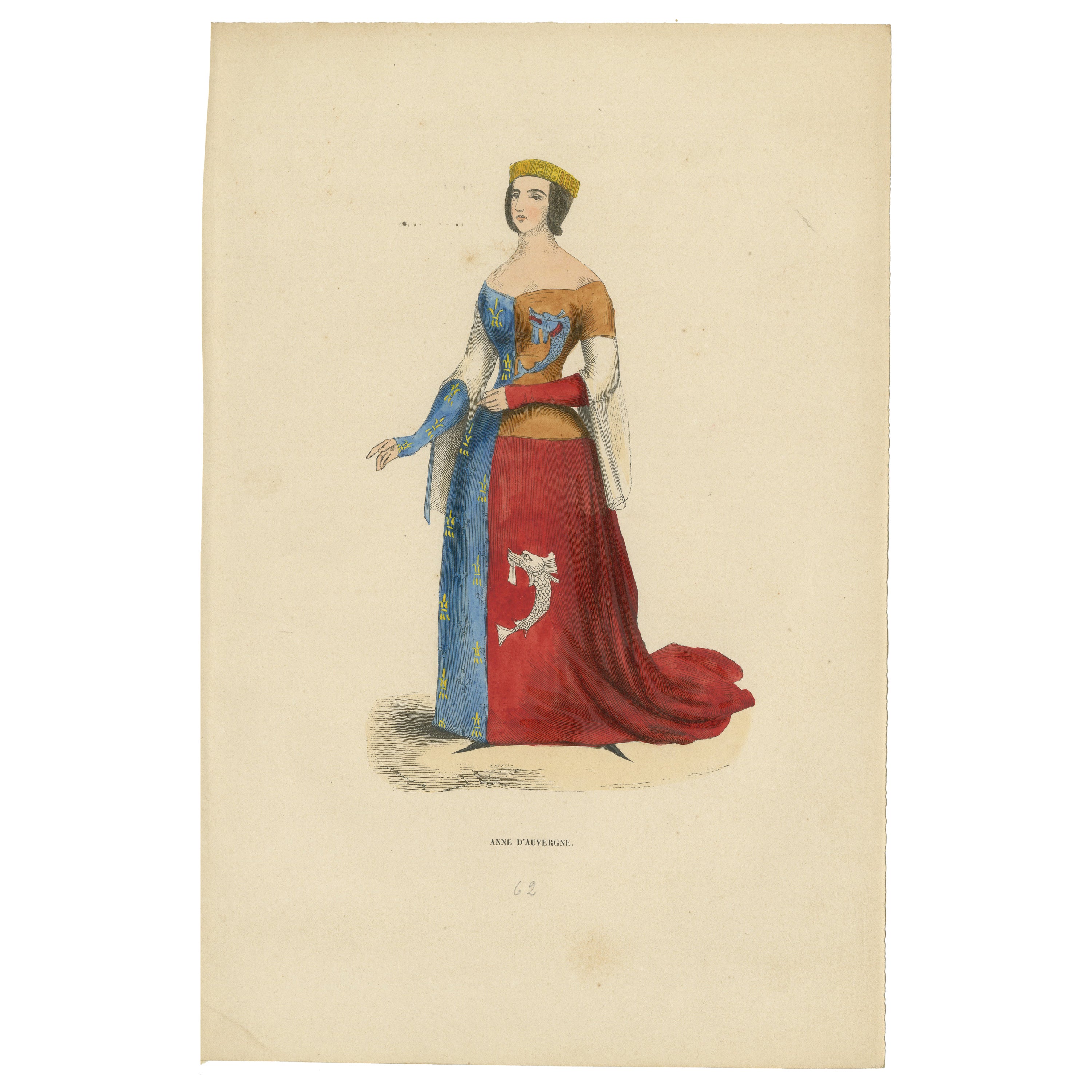 Anne d'Auvergne: Nobility in Heraldic Robes, Hand-colored in 1847 For Sale