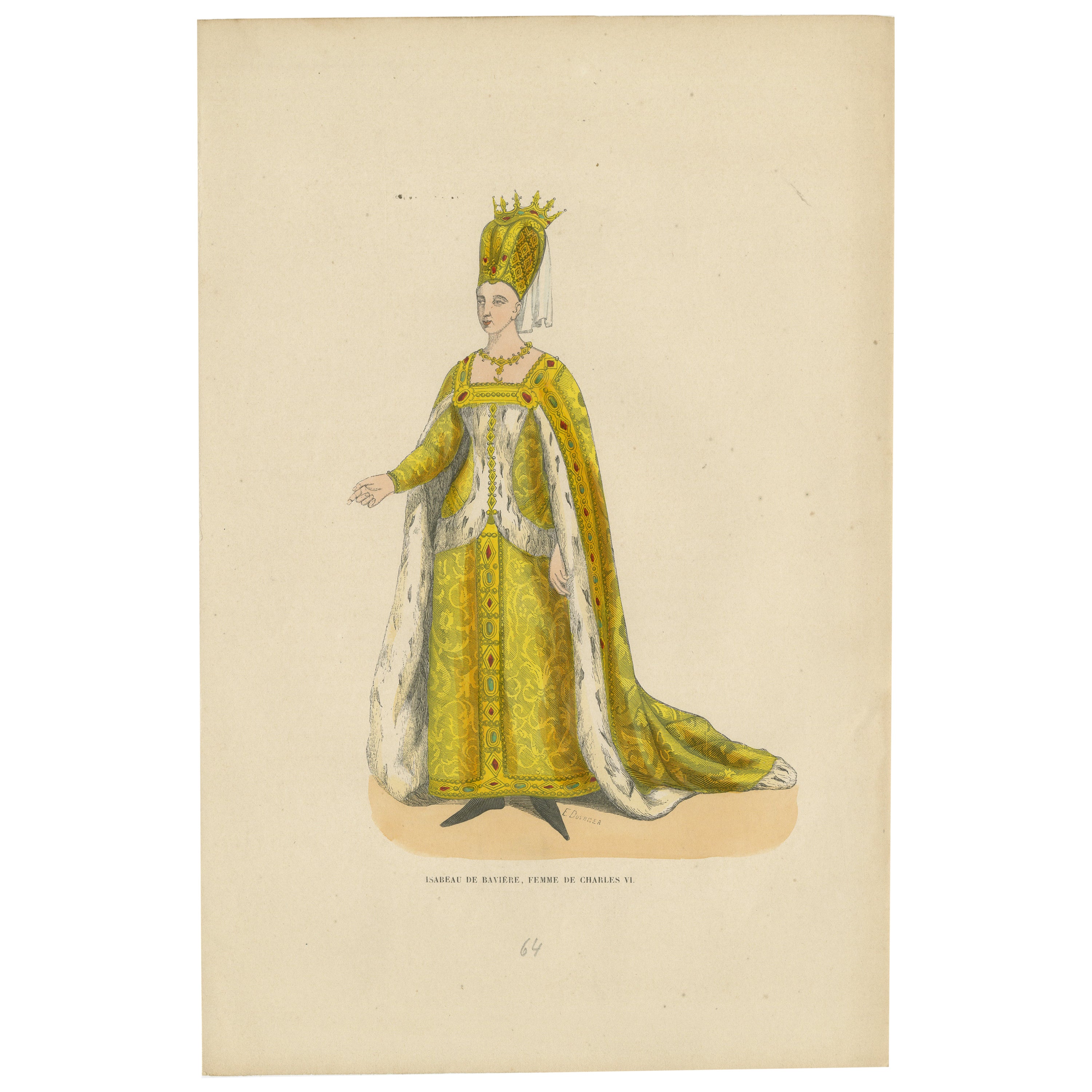 Original Antique Engraving of Isabeau of Bavaria: The Queen's Regalia, 1847 For Sale