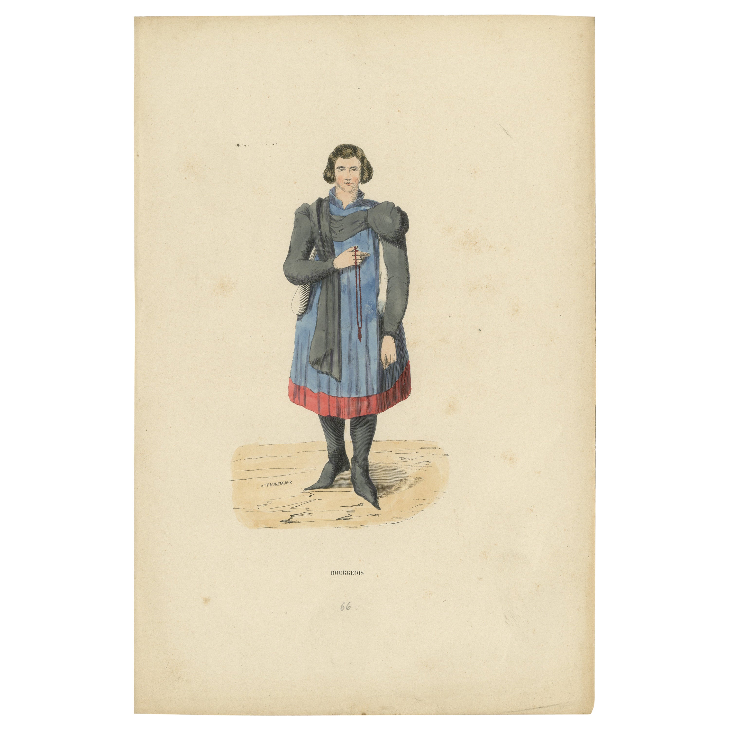 Engraving of Medieval Bourgeois: A Portrait of Urban Sophistication, 1847 For Sale