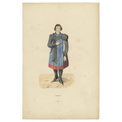 Antique Engraving of Medieval Bourgeois: A Portrait of Urban Sophistication, 1847