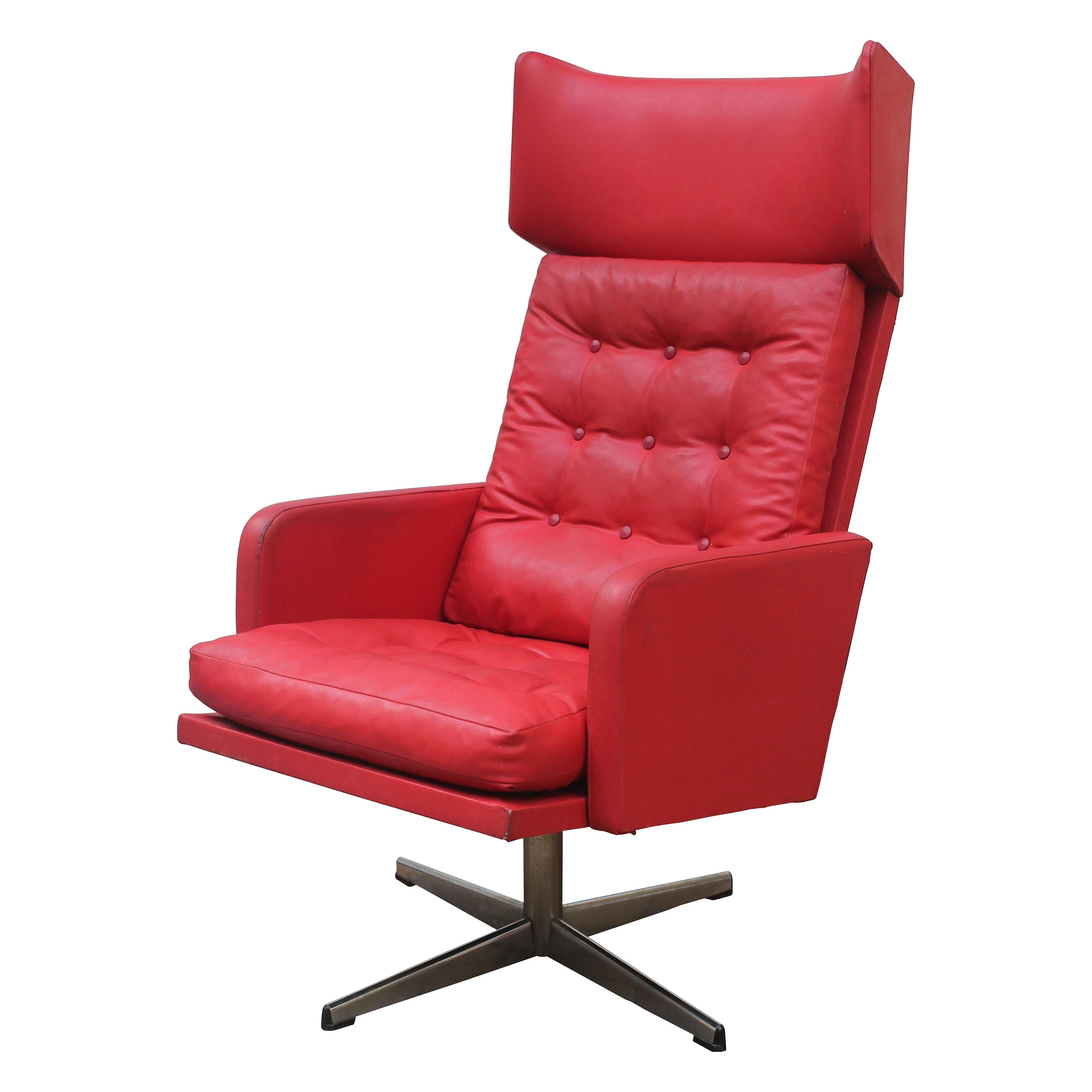 1970s Red Leather Swivel Armchair For Sale