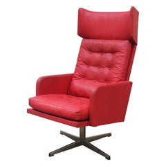 1970s Red Leather Swivel Armchair