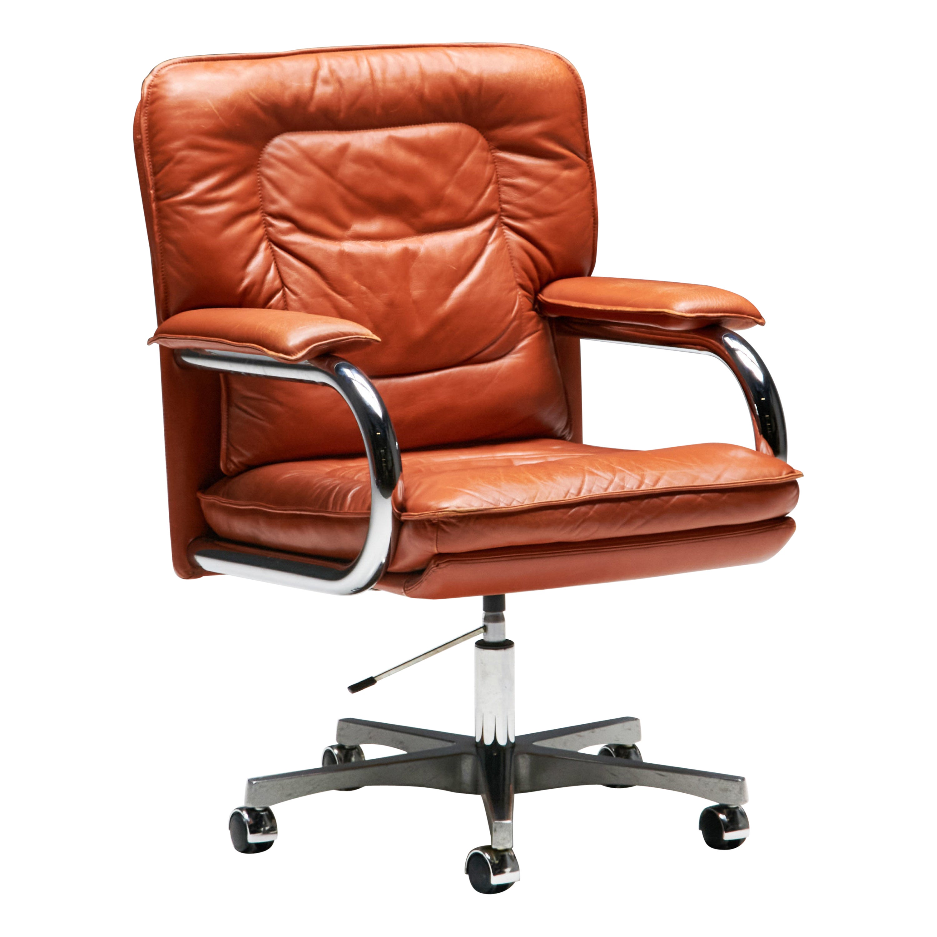Cognac Leather Office Chair by Guido Faleschini for Mariani, Italy, 1970s For Sale