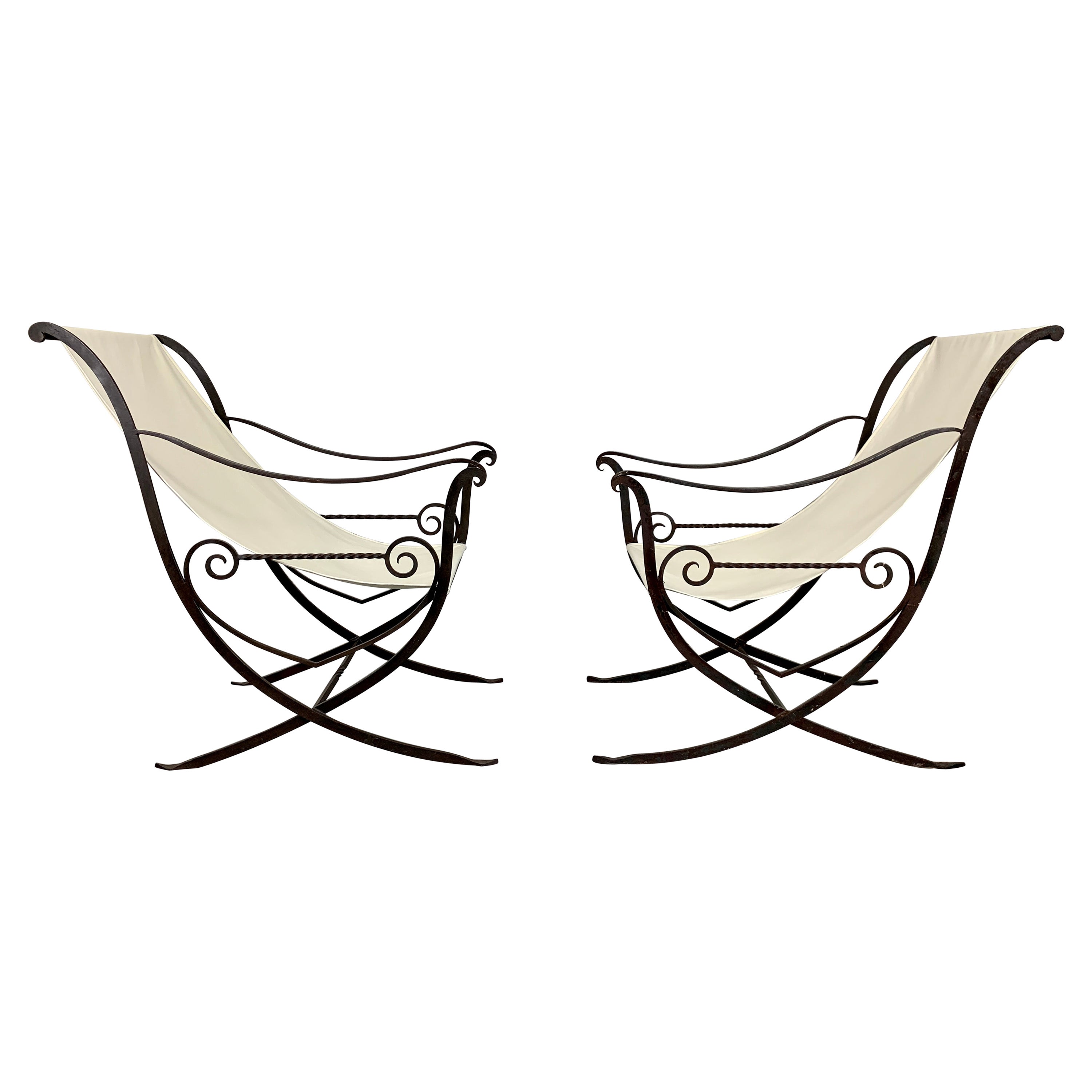 Sculpted Forged Iron Sling Chairs, 1940's For Sale