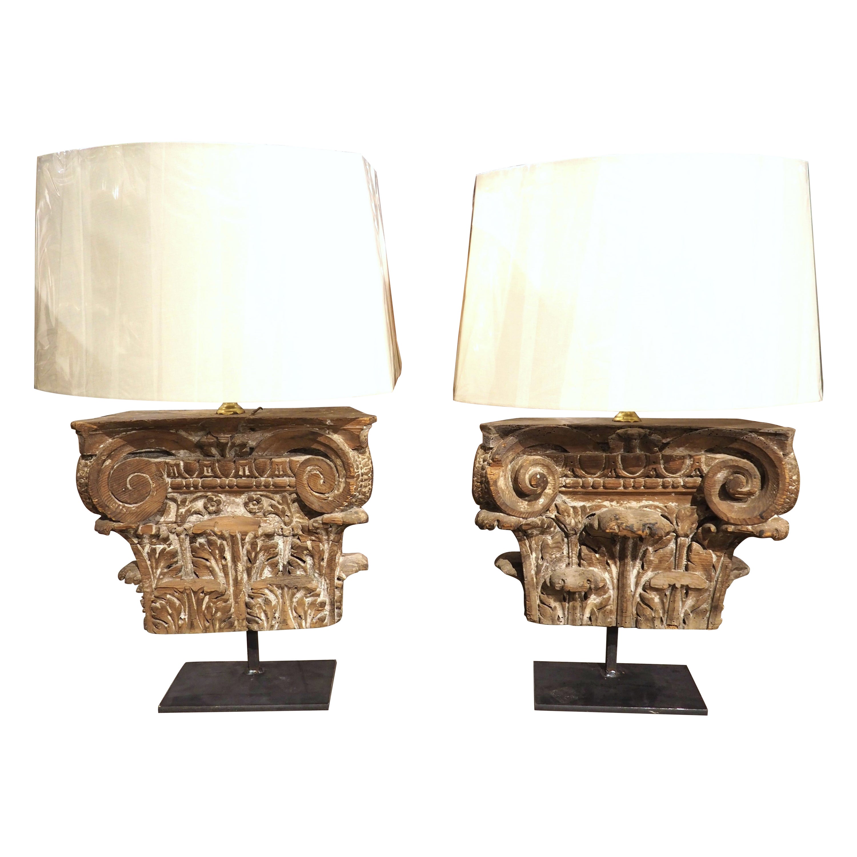 Pair of 18th Century French Carved Wooden Capitals Mounted as Lamps For Sale