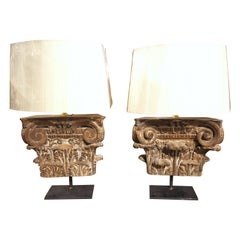 Pair of 18th Century French Carved Wooden Capitals Mounted as Lamps