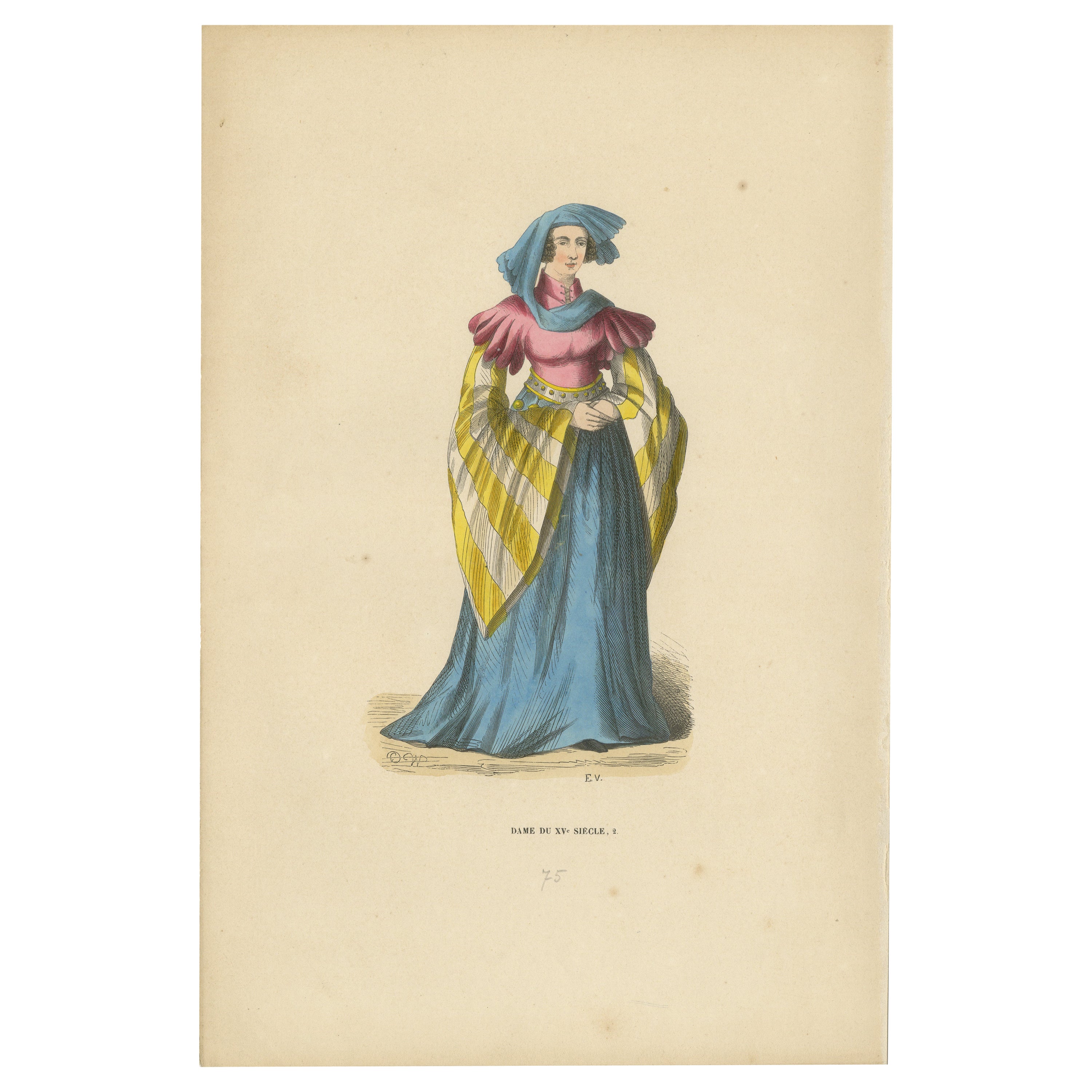 15th Century Elegance: Lady of the Court, Engraved and Published in 1847 For Sale