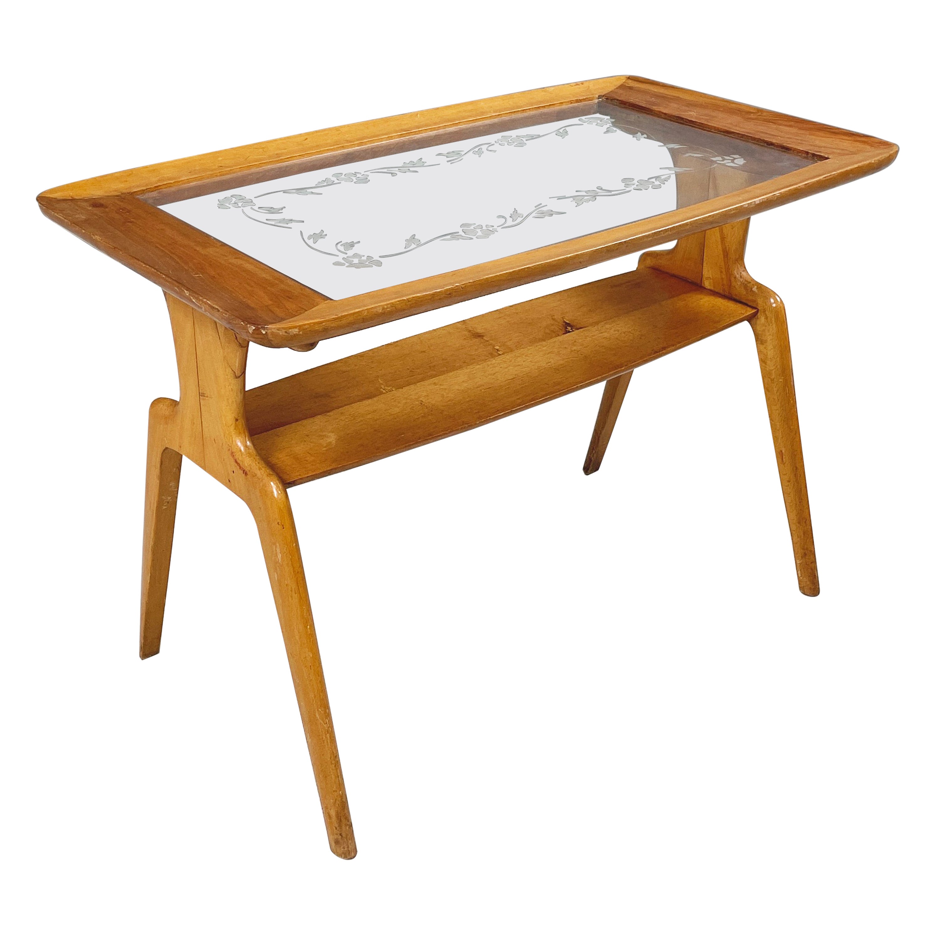 Italian mid-century modern Coffee table in wood and decorated glass, 1950s For Sale