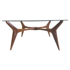 Mesa de centro circular italiana de nogal y cristal de mediados de siglo de Gio Ponti