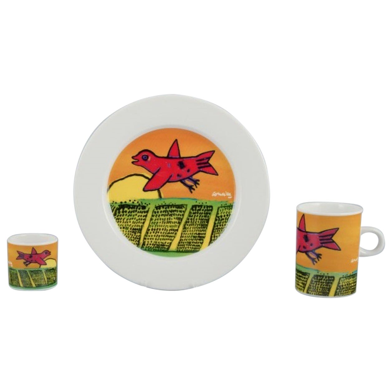 Corneille, Taza de café, plato y huevera de porcelana decorada con pájaros.