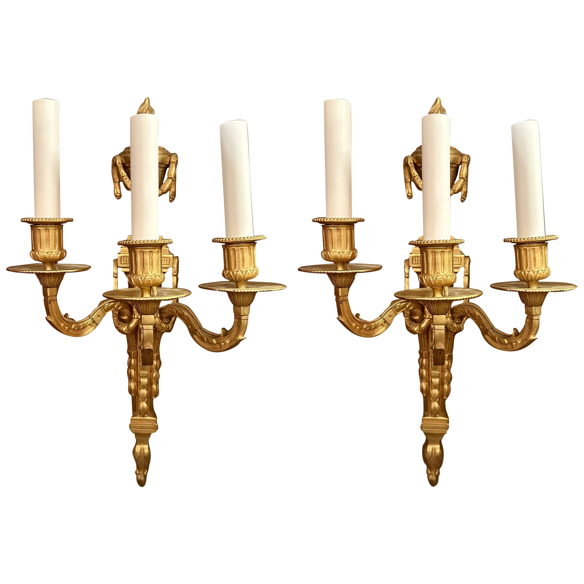 Pair Antique French Louis XVI Gold Bronze Three Light Wall Sconces, Circa 1900. In Good Condition For Sale In New Orleans, LA