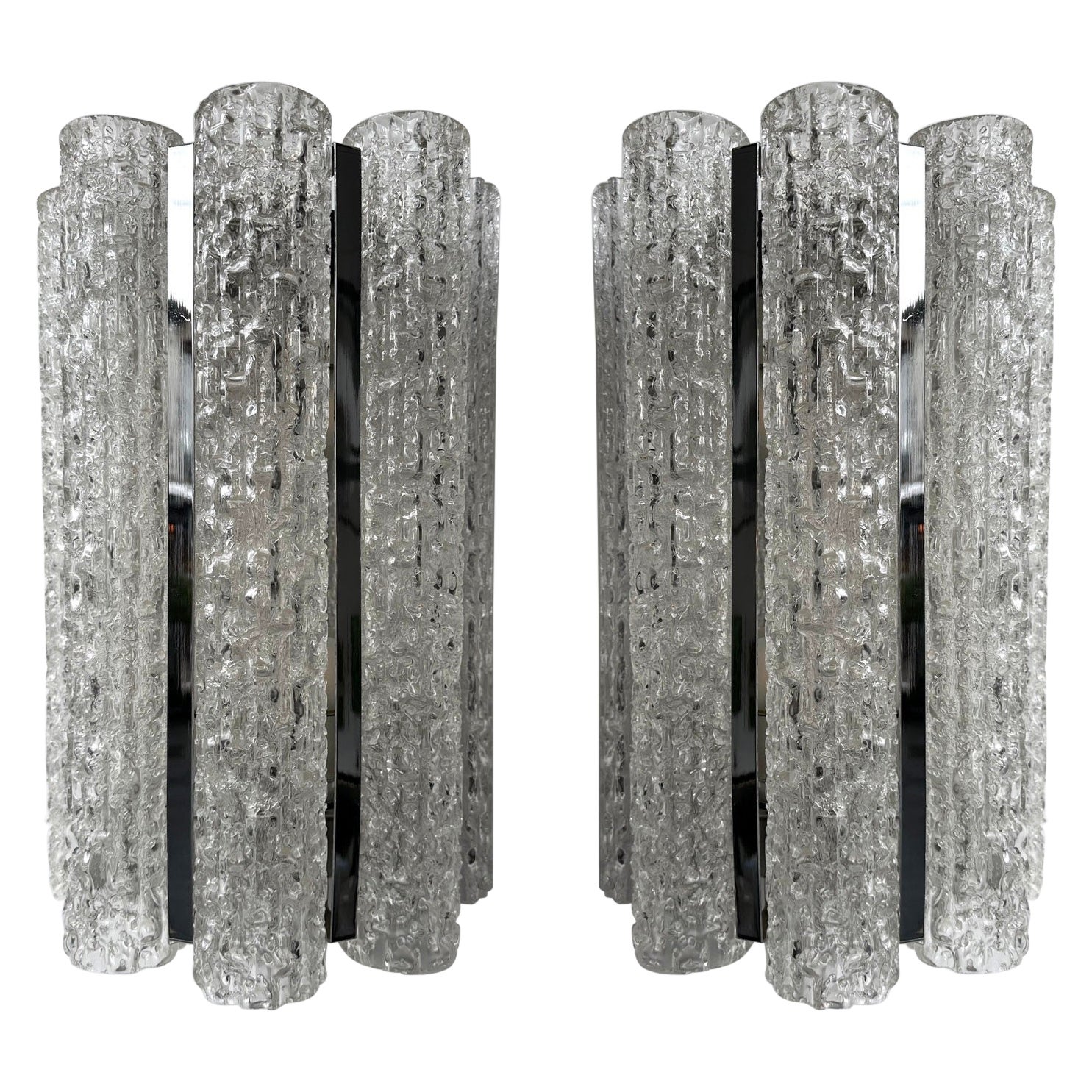 Pair of Glass Tube and Metal Chrome Sconces by Doria Leuchten. Germany, 1970s