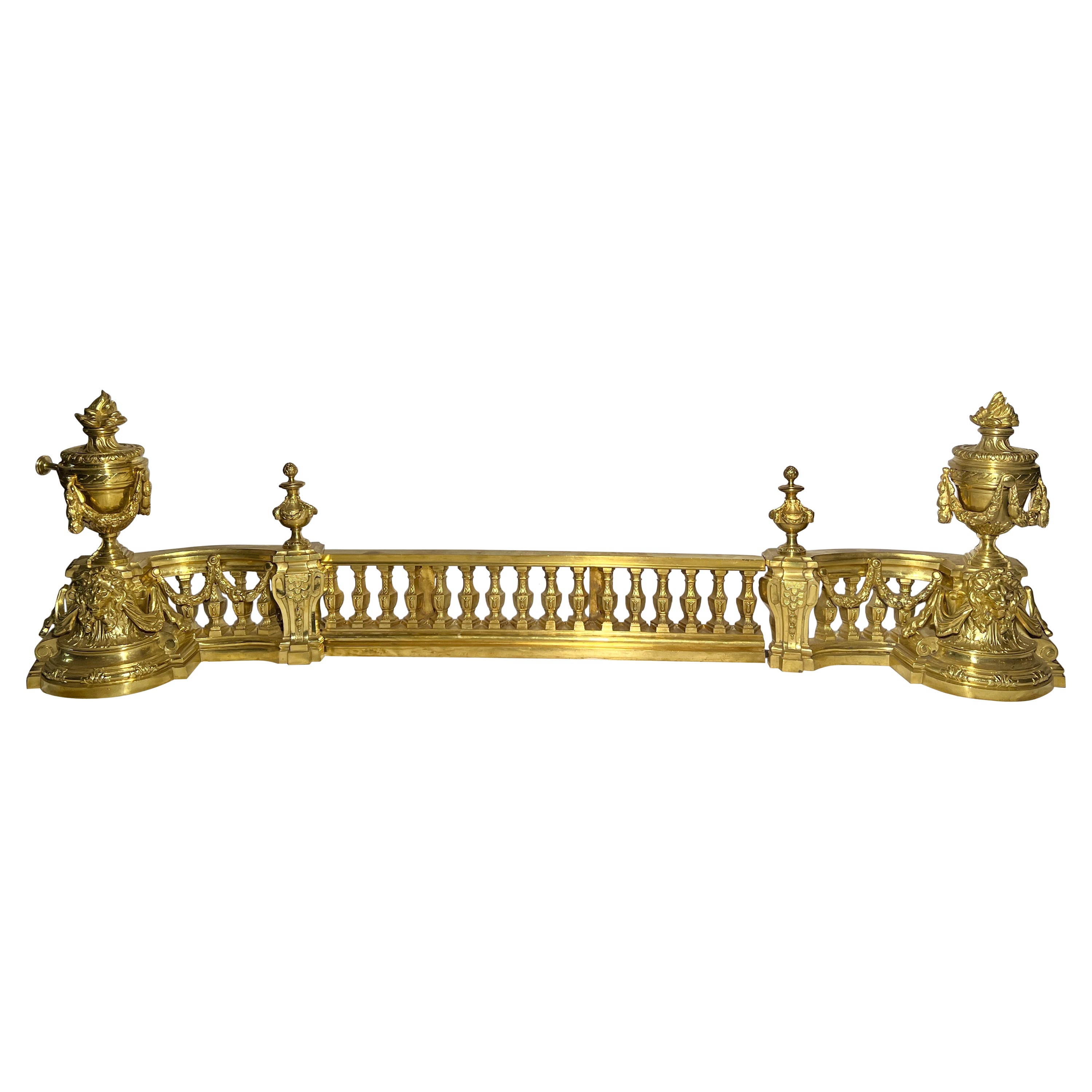 Antique French Gold Bronze Three Piece Fire Fender, Circa 1890. For Sale