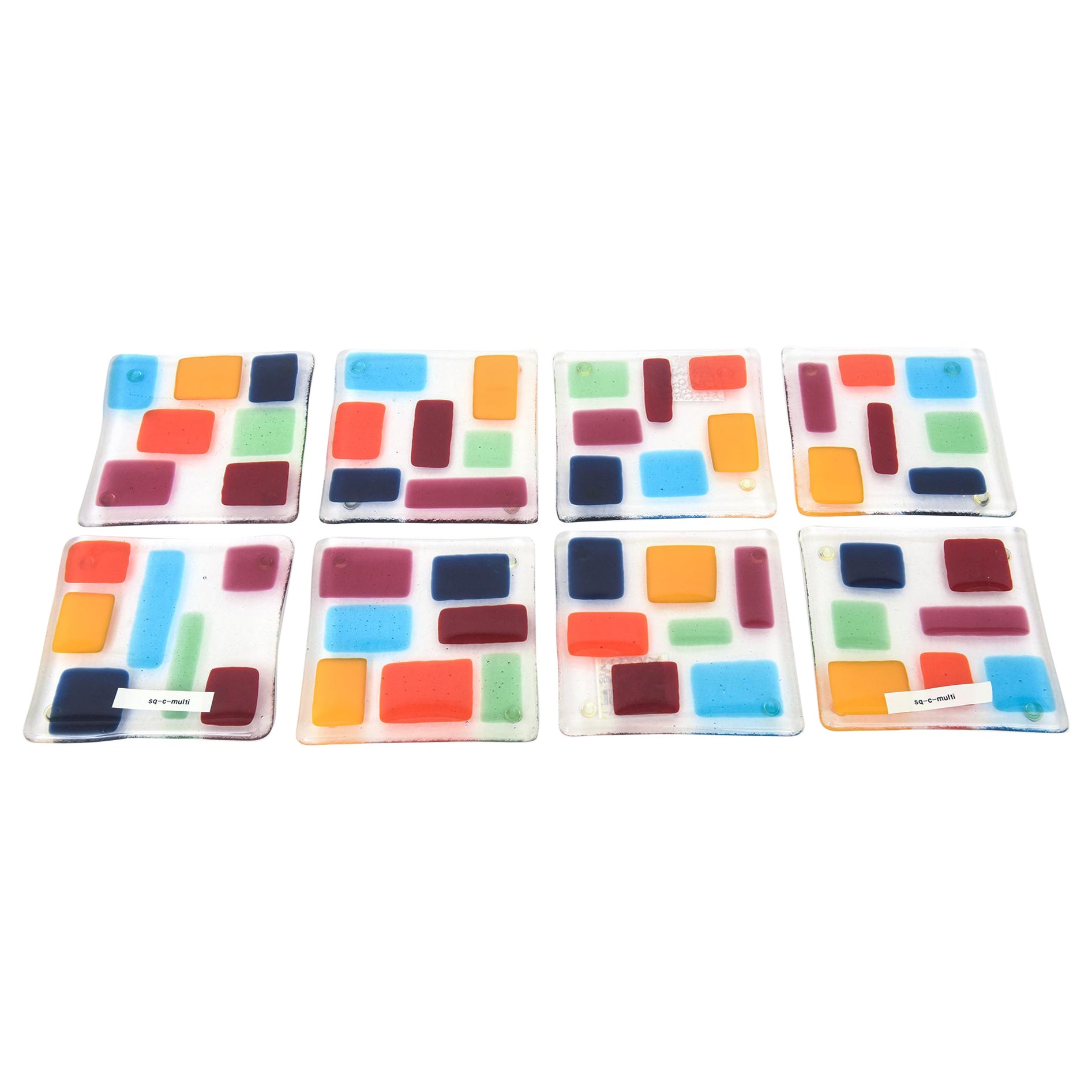 Murano Colorful Glass Fused Square Coasters Set of 8 Barware For Sale