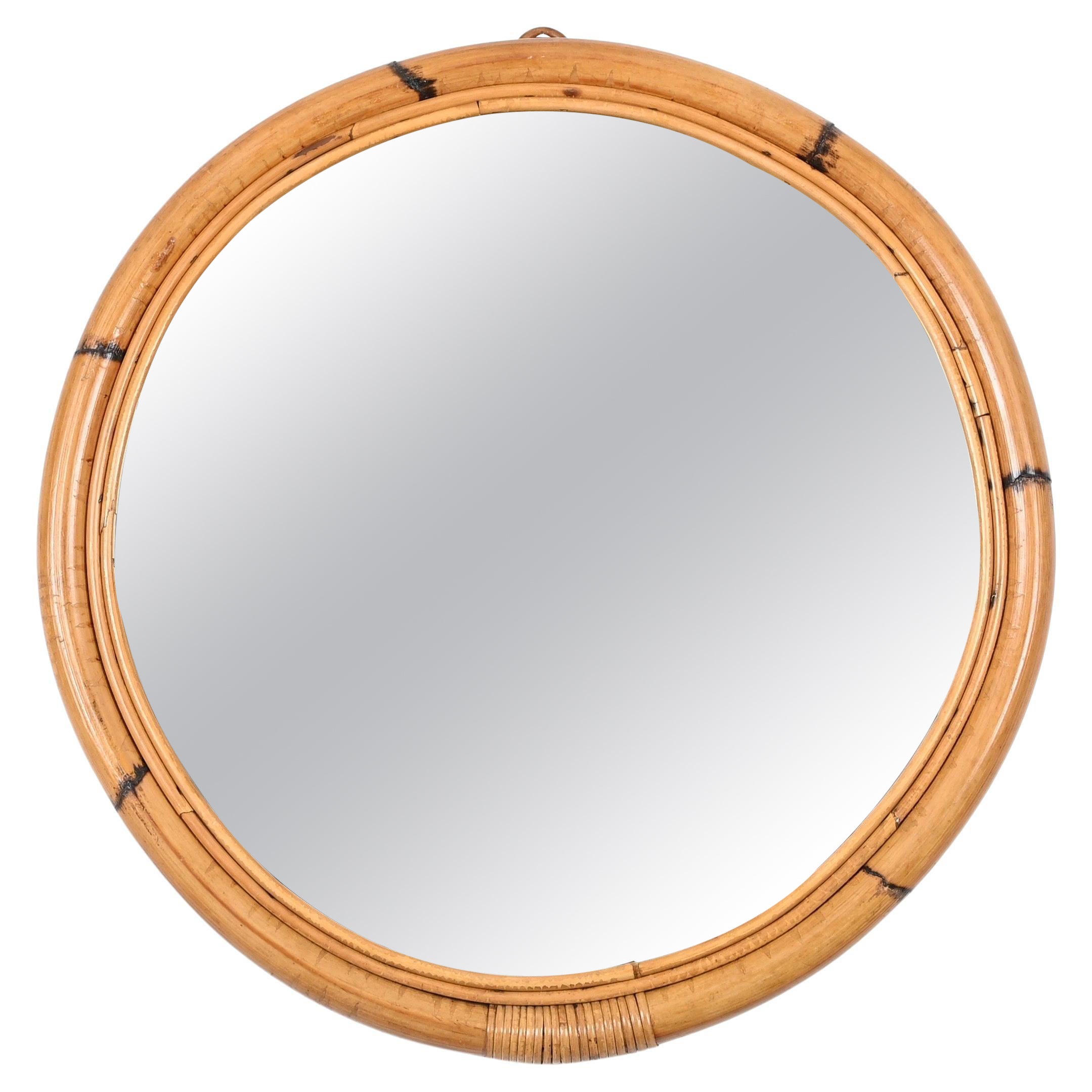 French  Riviera Round Mirror with Double Bamboo and Wicker Frame, Italy 1970s For Sale 5