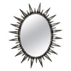 Antique Sunburst Oval Mirror in Silver Patinated Iron