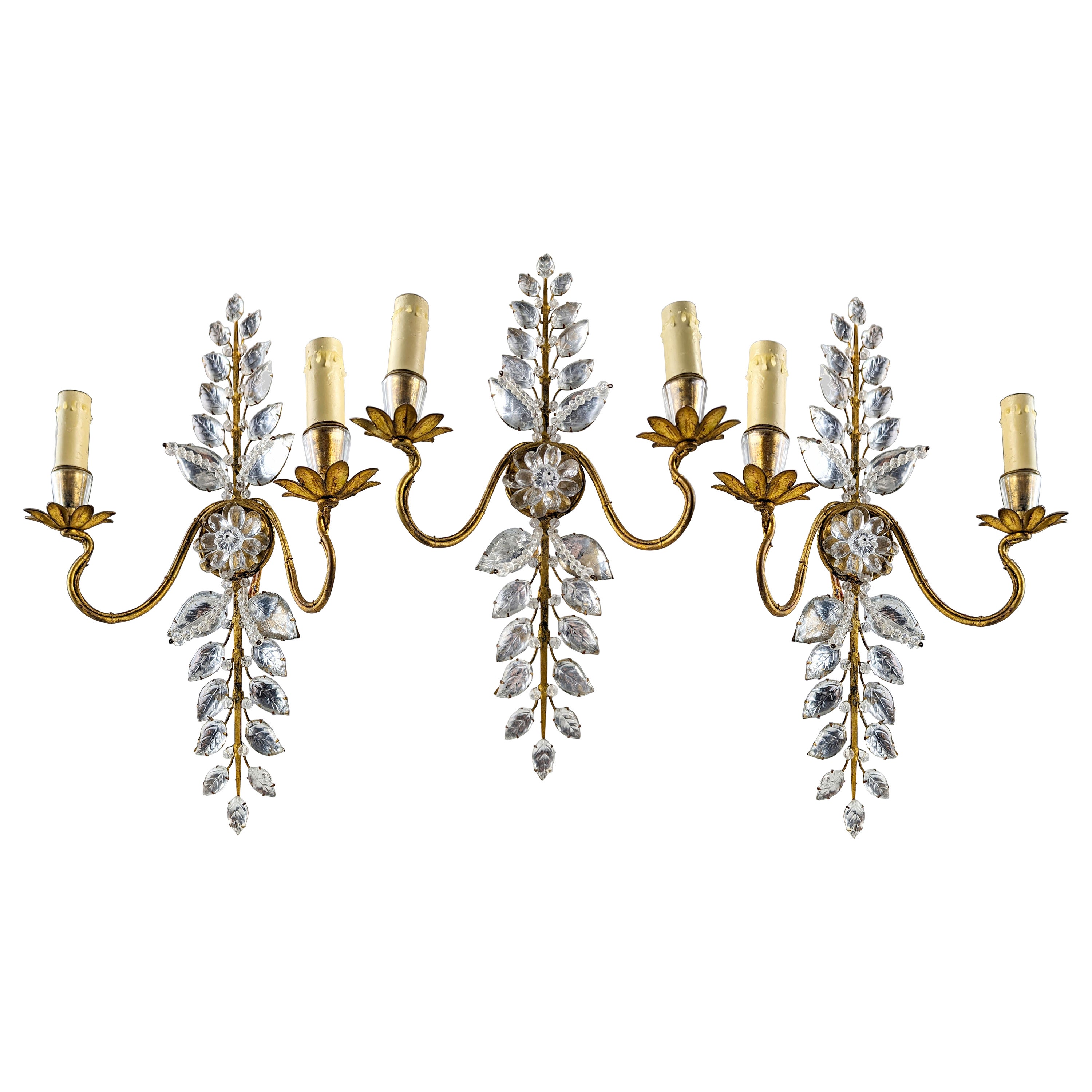 Set di tre appliques floreali di Maison Bagues in cristallo e metallo dorato
