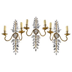 Set of three floral sconces by Maison Bagues in crystal and gold metal