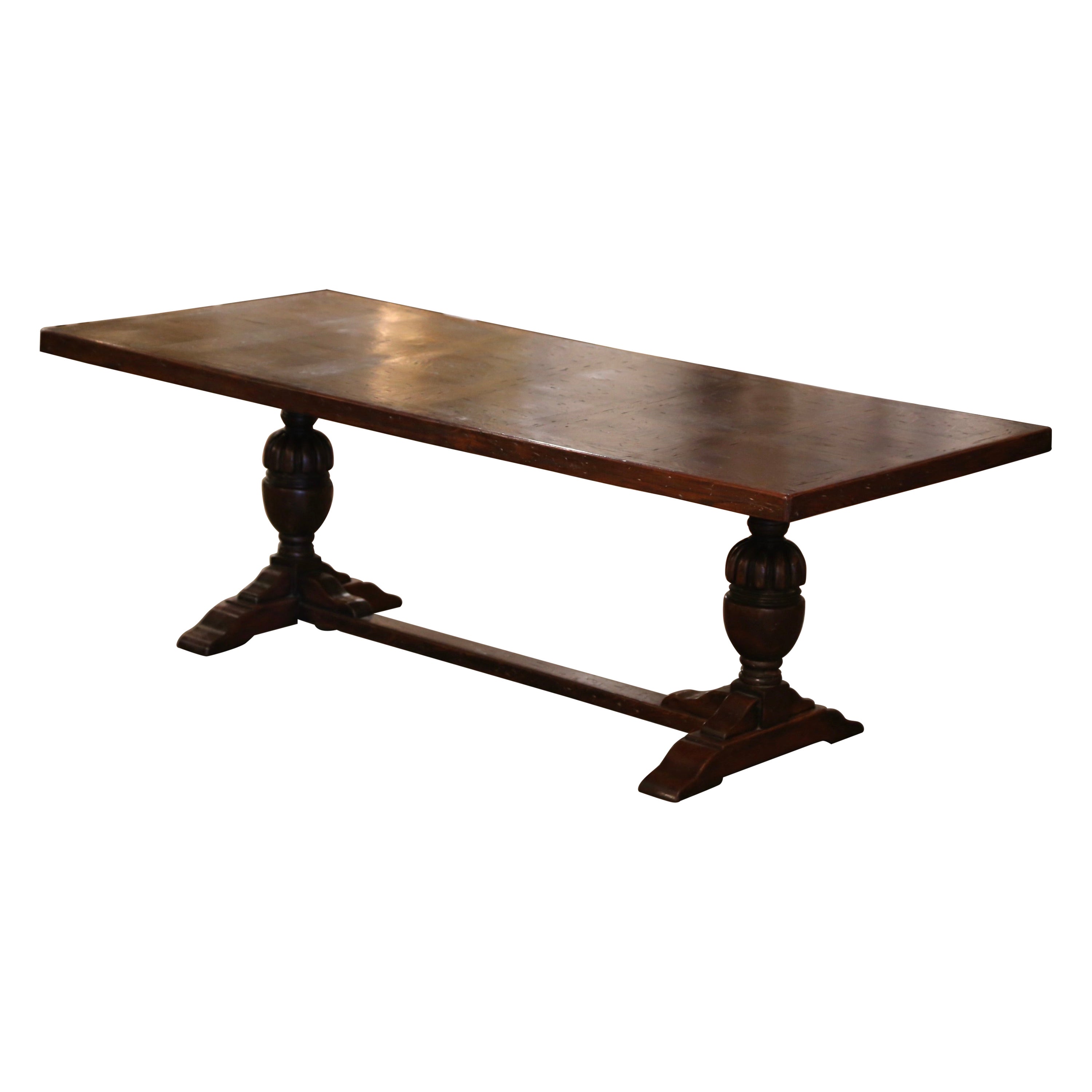  19th Century French Baroque Carved Oak Trestle Farm Table with Parquetry Top For Sale