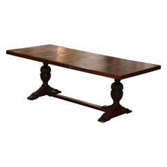 19th Century French Baroque Carved Oak Trestle Farm Table with Parquetry Top