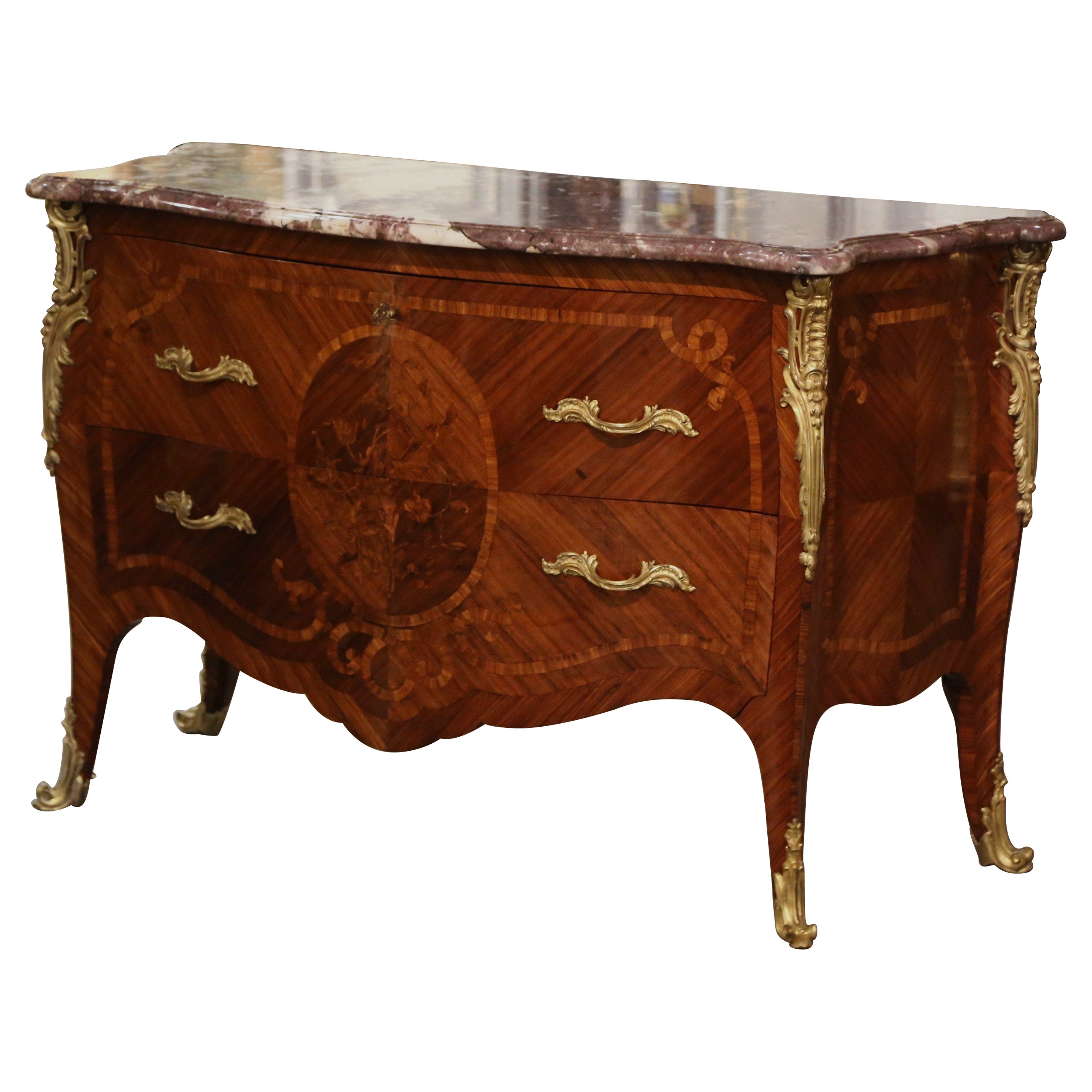 Early 20th Century Louis XV Marble Top Marquetry & Ormolu Bombe Chest of Drawers For Sale