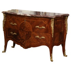 Early 20th Century Louis XV Marble Top Marquetry & Ormolu Bombe Chest of Drawers
