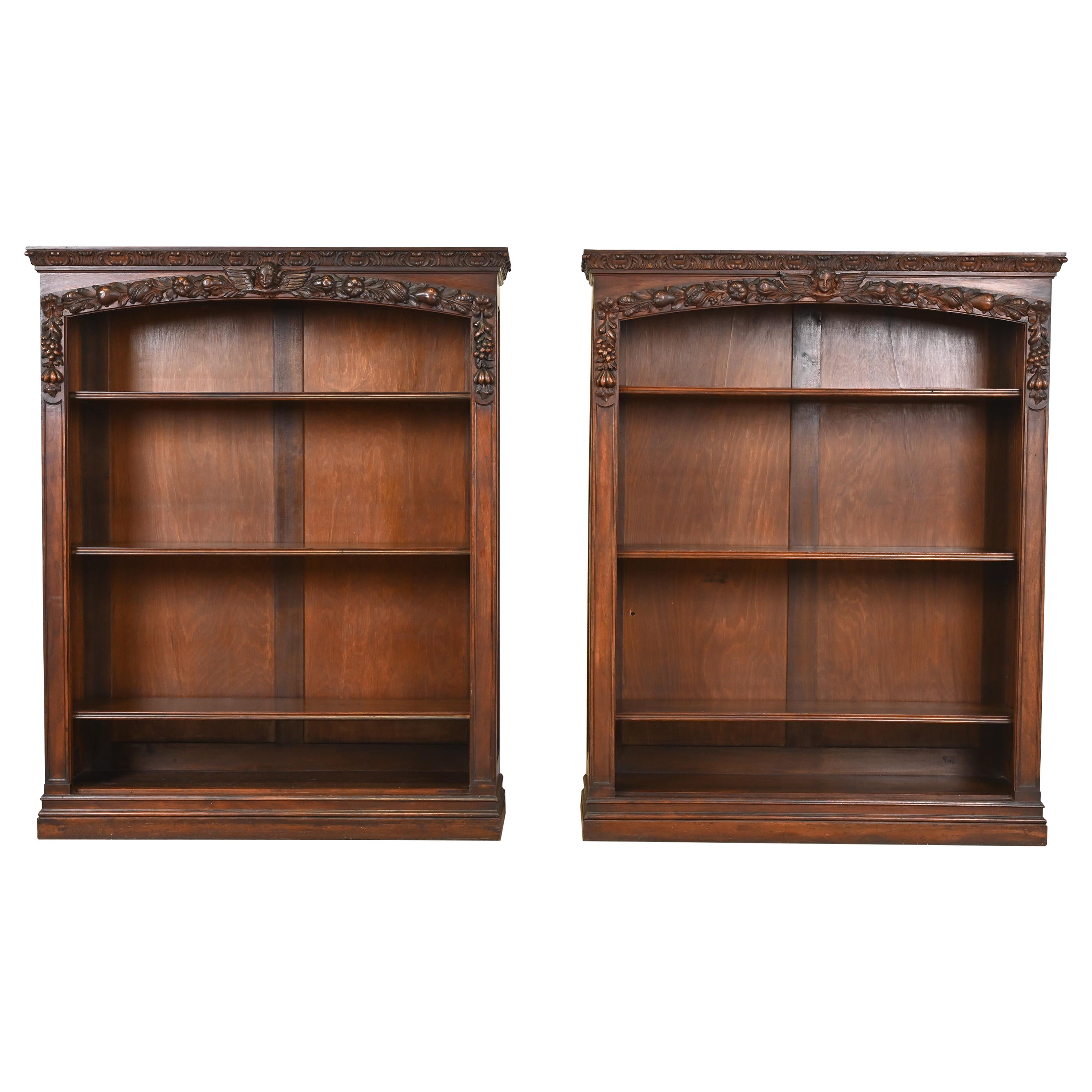R.J. Horner Style Antique Victorian Renaissance Revival Carved Walnut Bookcases For Sale