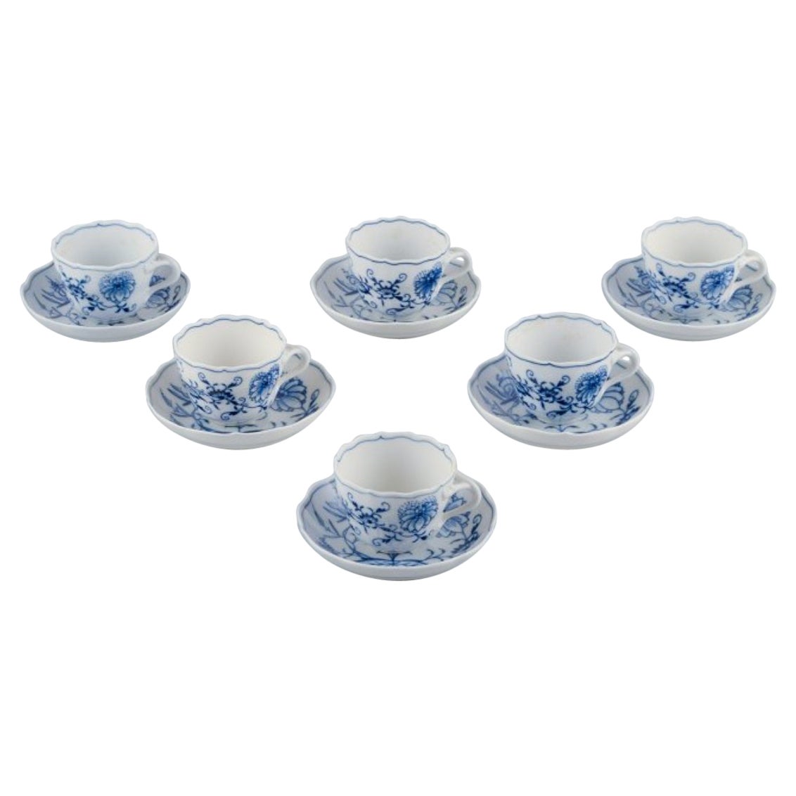 Meissen, Germany,  six Blue Onion coffee cups (demitasse) with saucers. For Sale