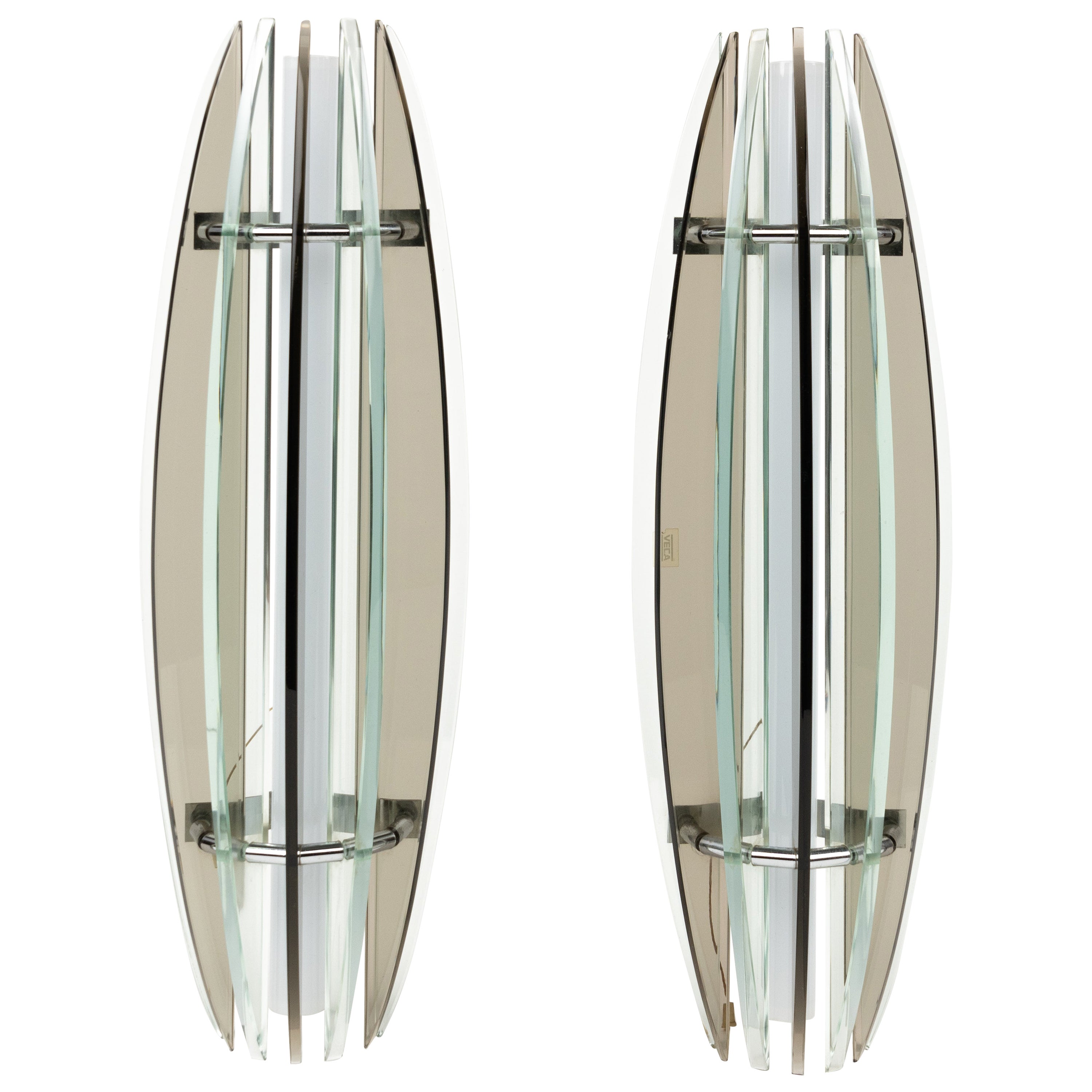 Midcentury Large Pair of Sconces in Colored Glass & Chrome by Veca, Italy, 1970s For Sale