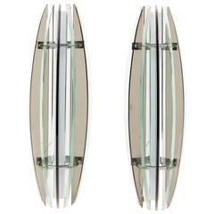 Midcentury Large Pair of Sconces in Colored Glass & Chrome by Veca, Italy, 1970s