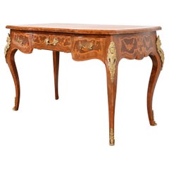 Italian Louis XV Burl Wood Leather Top Bureau Plat Desk With Bronze Ormolu