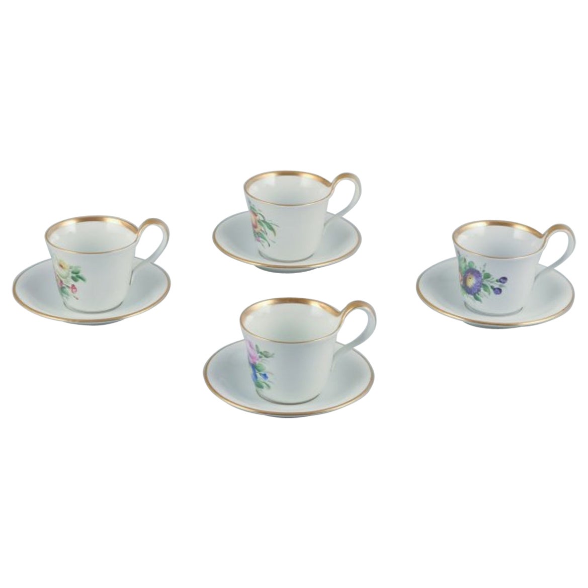 Bing & Grøndahl. Set of four antique coffee cups with high handles and saucers. For Sale
