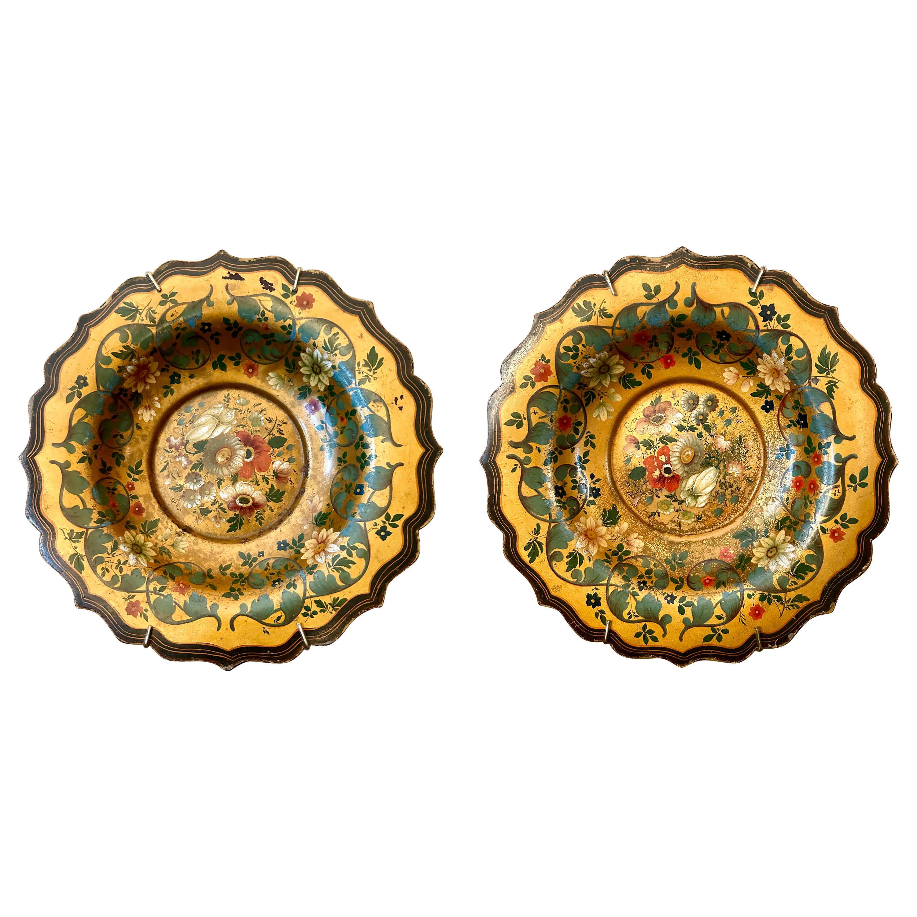 Pair Antique 19th Century French Hand-Painted Tole Wall Plates, Circa 1890's.