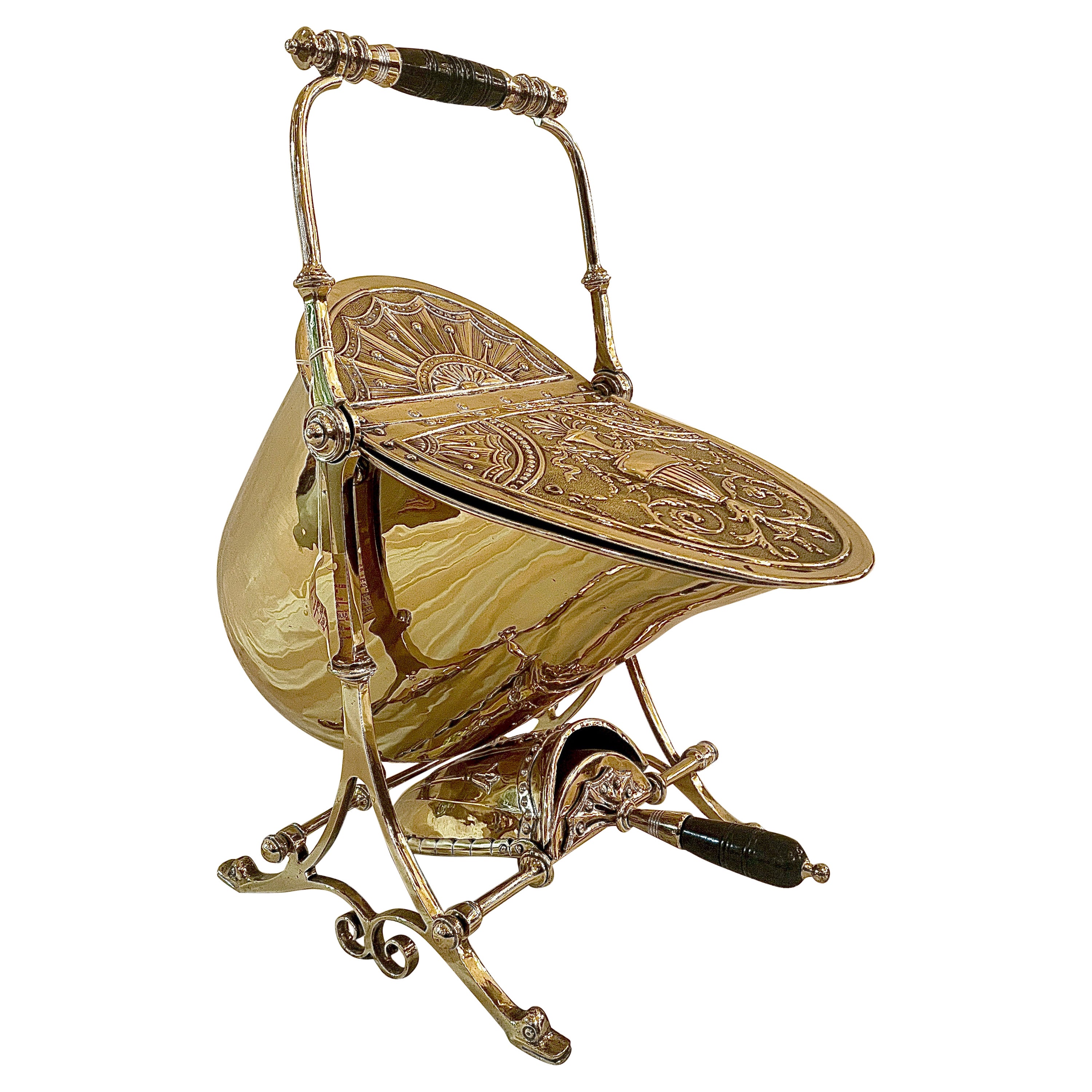 Antique English Brass Coal Scuttle With Shovel, Circa 1875-1885. For Sale