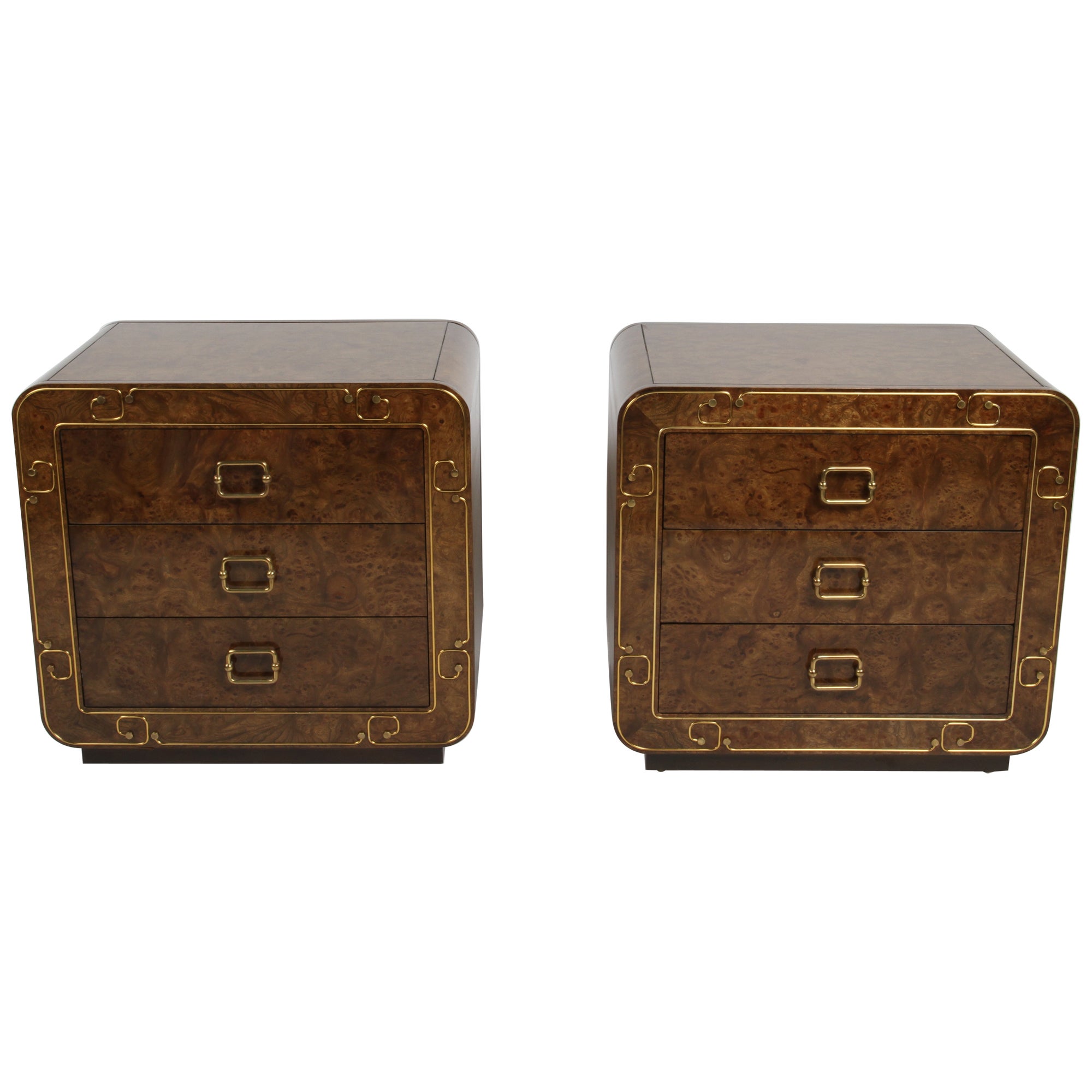 Pair of 70s Mastercraft 3 Drawer Burled Elm Brass Inlaid Greek Key Nightstands