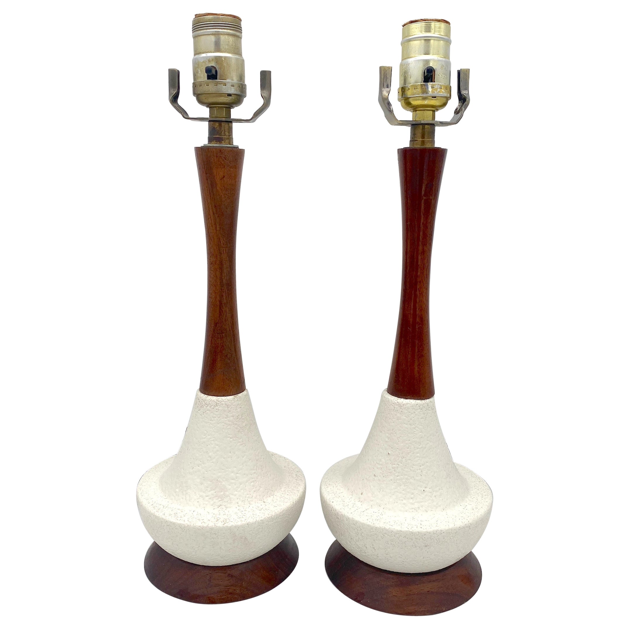 Diminutive  Pair of Danish Modern Carved Teak Wood & White Porcelain Lamps  For Sale