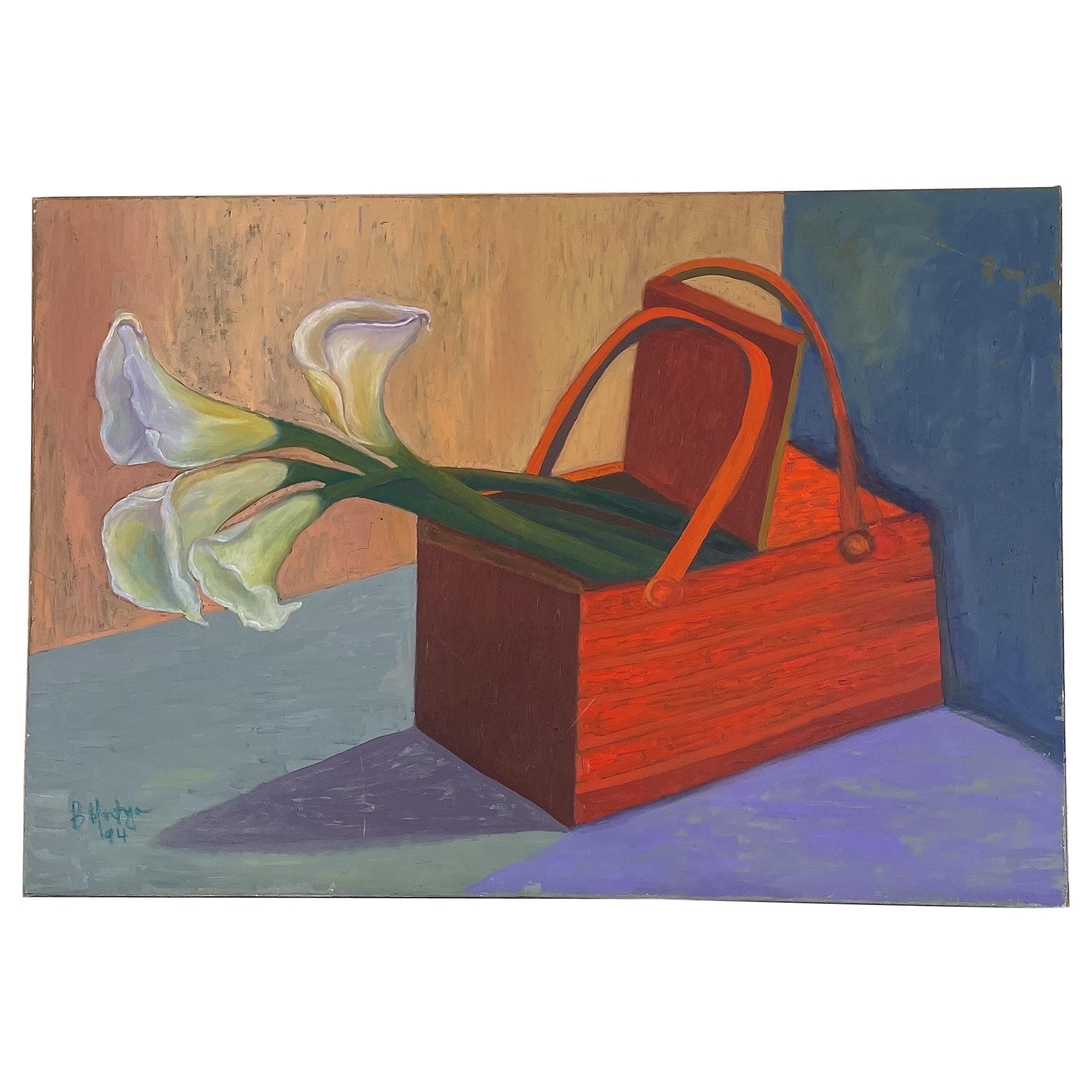 „Calle Lillies in Holzkorb“ Modernes impressionistisches Stillleben  im Angebot