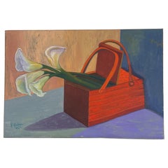 Retro "Calle Lillies in Wooden Basket" Modern Impressionist Still Life Painting 