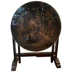 Mid 20th Century Vintage Asian Chinoiserie Carved Wood Round Tilt-Top Table