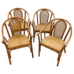 Retro Mid 20th Century Bamboo Rattan Dining Chairs With Cane Inset Back - Set of 4